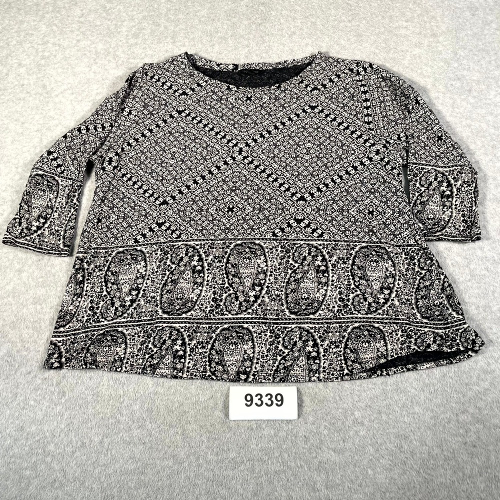 Lucky Brand Blouse Top‎ Womens 2X Black White Paisley Cotton Round Neck Casual